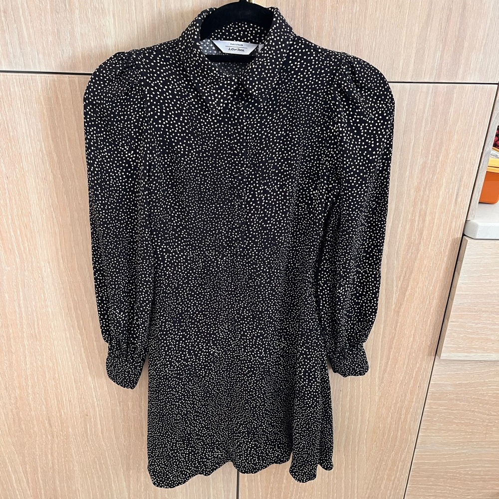 & other stories black polka dot fit and flare dress